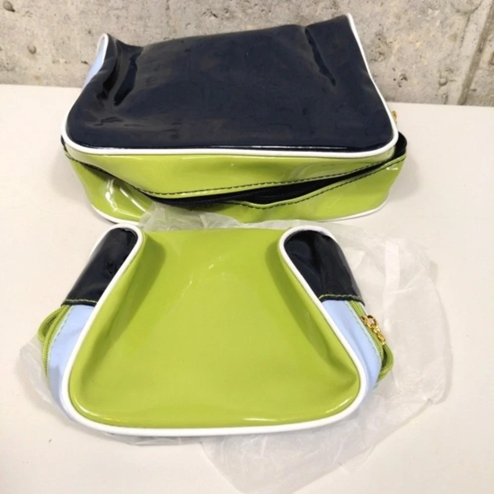 Estee Lauder 2 Piece Cosmetic Bag Set Y2k Style Patent Green‎ Blue Travel Pouch